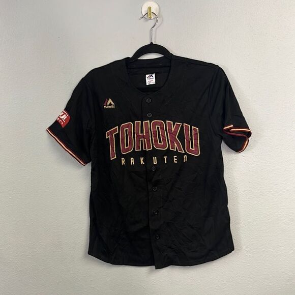Majestic Men's Black Tohoku Rakuten Button Closure Screen Printed‎ Jersey Size M - Picture 1 of 8